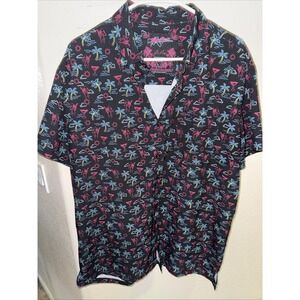Retro Rifle Shirt Mens XL Black Pink Tropical Palm Girl Martini Button Real Nice